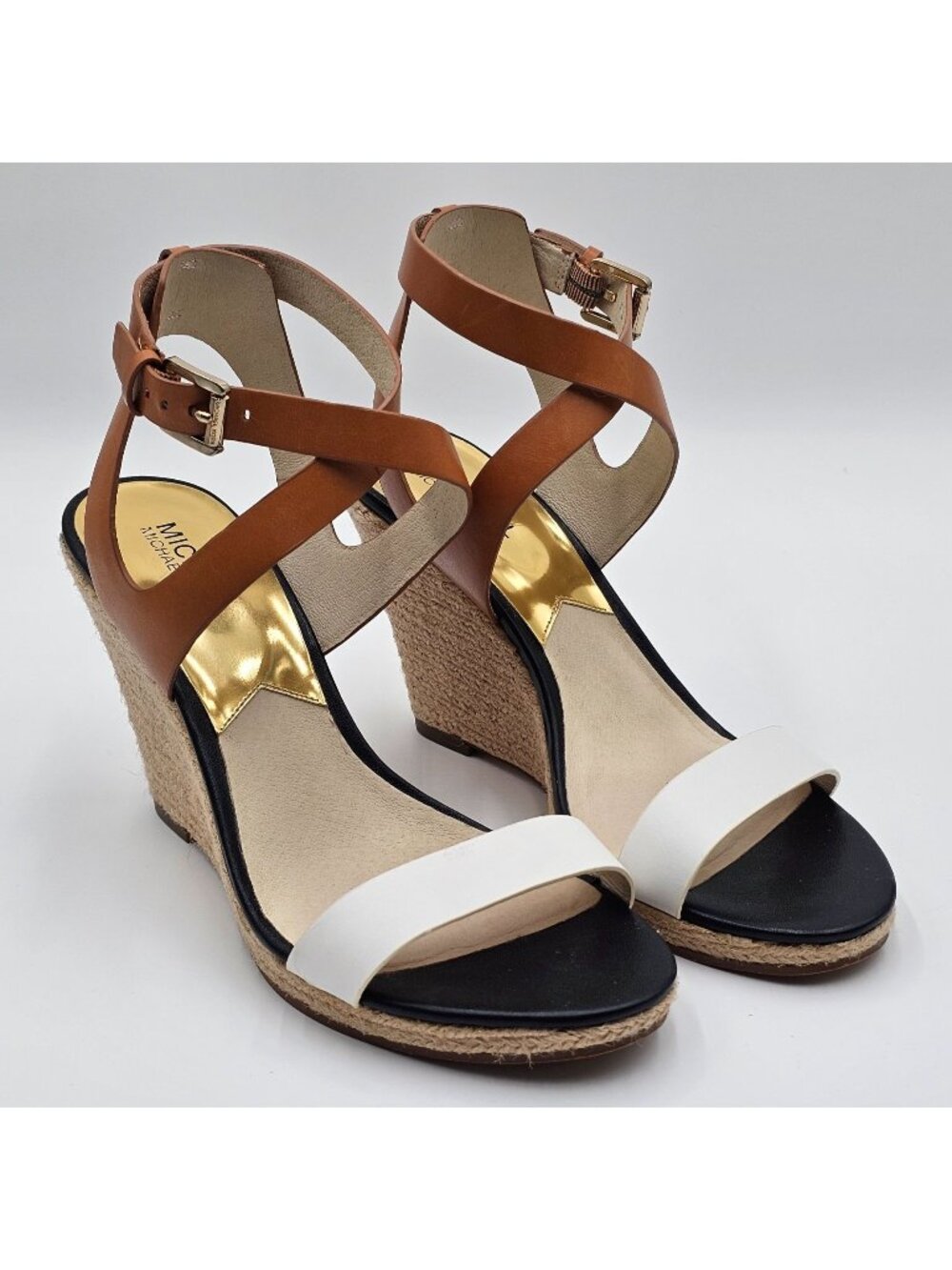 Michael Kors Womens Kaylee Tan & White Espadrille Wedge Sandals Size 9